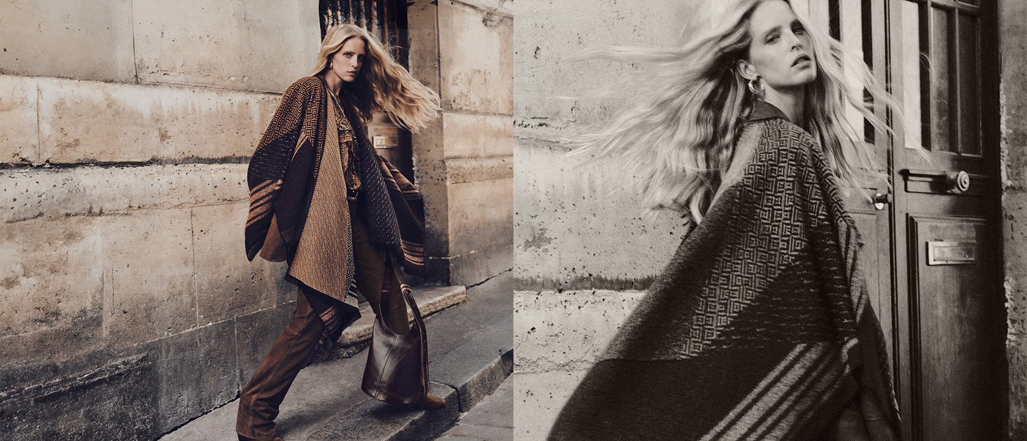 Blond hair model wearing a patern poncho with pants and the new iconic YouYou bag